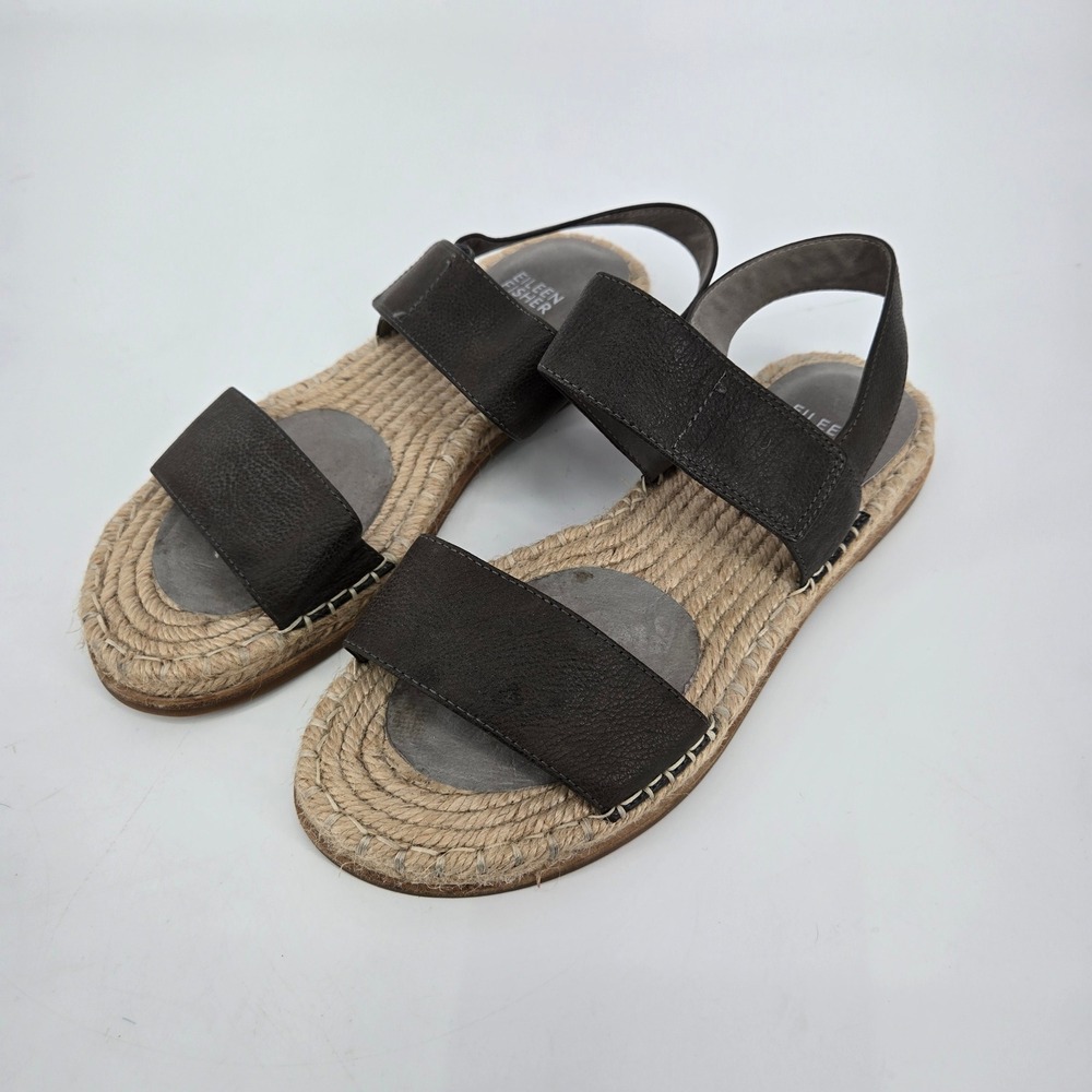 Eileen Fisher Willow Brown Leather Espadrille Flat Slingback Sandals Size 8 VGUC
